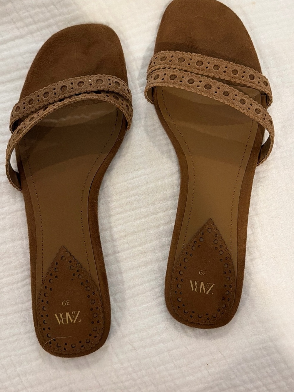 ZARA Brown Suede Double-Strap Slide Sandals
